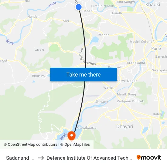 Sadanand Hotel to Defence Institute Of Advanced Technology Diat map