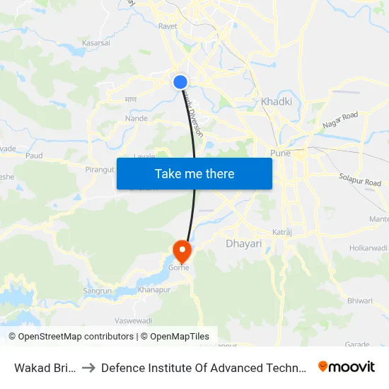 Wakad Bridge to Defence Institute Of Advanced Technology Diat map