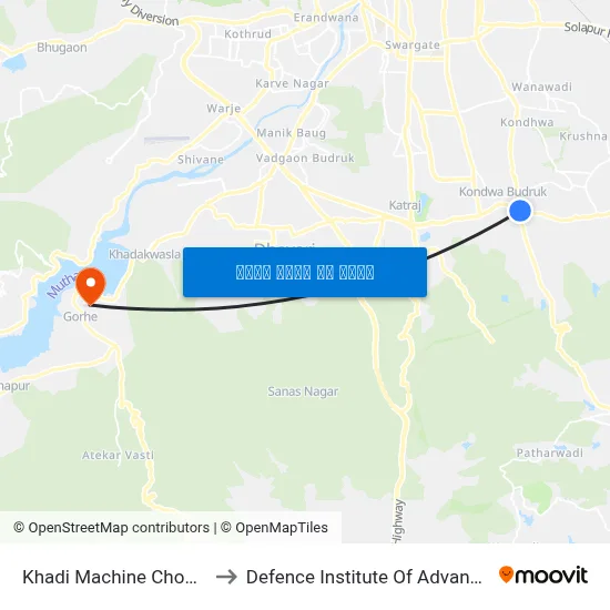 खादी मशीन चौक (पिसोली रोड) to रक्षा उन्नत प्रौद्योगिकी संस्थान map
