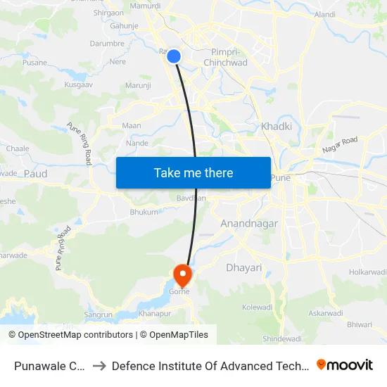 Punawale Chowk to रक्षा उन्नत प्रौद्योगिकी संस्थान map