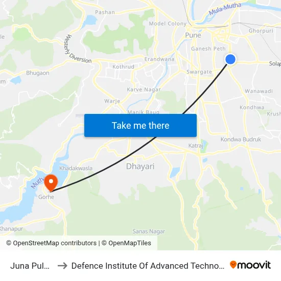 जुना पुलगेट to रक्षा उन्नत प्रौद्योगिकी संस्थान map