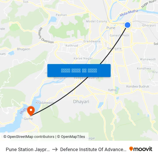 पुणे स्टेशन जयप्रकाश स्टैंड to रक्षा उन्नत प्रौद्योगिकी संस्थान map