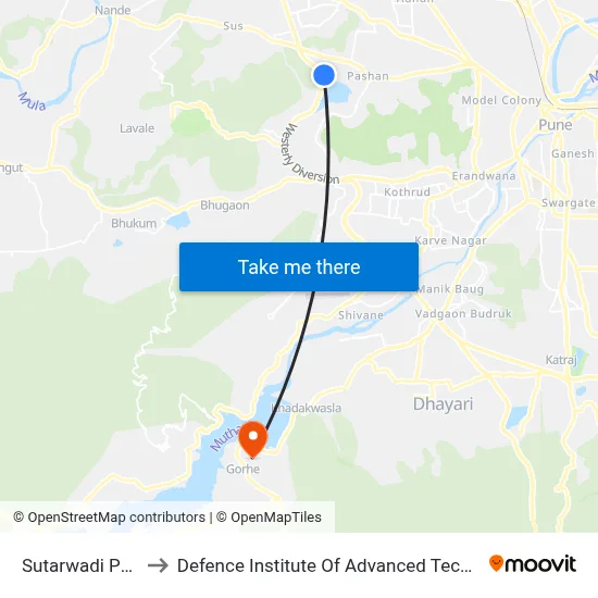 Sutarwadi Pashan to Defence Institute Of Advanced Technology Diat map