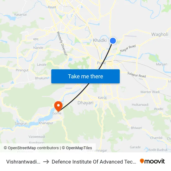 विश्रांतवाडी बीआरटीएस to रक्षा उन्नत प्रौद्योगिकी संस्थान map