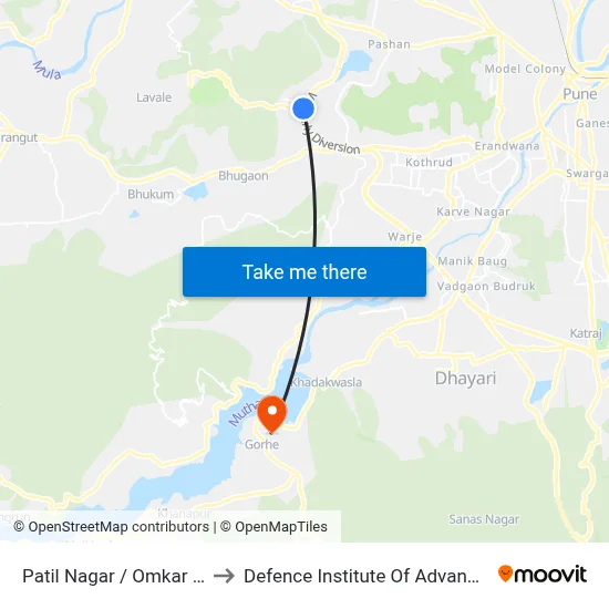 Patil Nagar / Omkar Garden Chowk to Defence Institute Of Advanced Technology Diat map