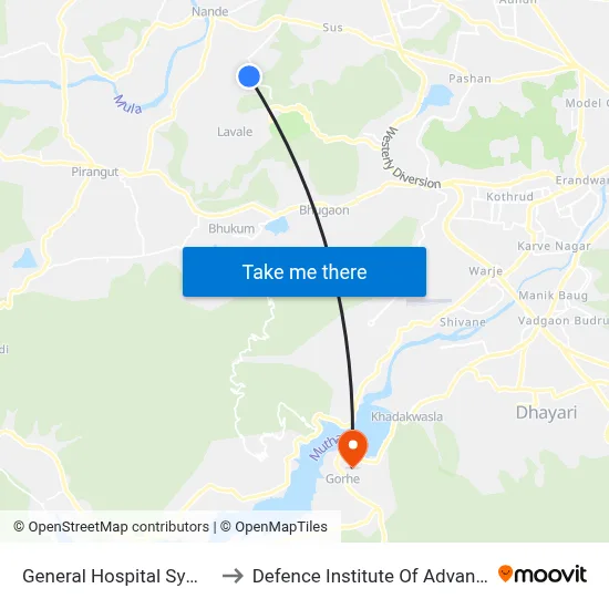 General Hospital Symbiosis University to रक्षा उन्नत प्रौद्योगिकी संस्थान map