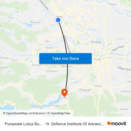 पुनावले लोटस बिजनेस स्कूल to रक्षा उन्नत प्रौद्योगिकी संस्थान map