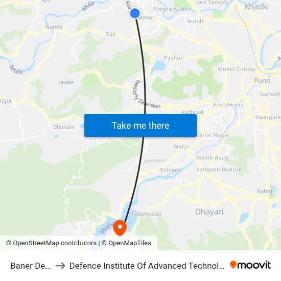 बाणेर डेपो to रक्षा उन्नत प्रौद्योगिकी संस्थान map
