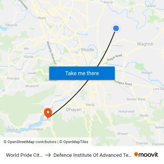 वर्ल्ड प्राइड सिटी सर्कल to रक्षा उन्नत प्रौद्योगिकी संस्थान map