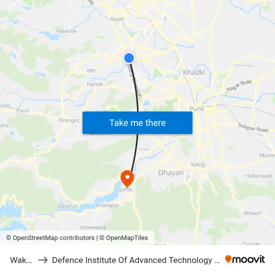 वाकड to रक्षा उन्नत प्रौद्योगिकी संस्थान map