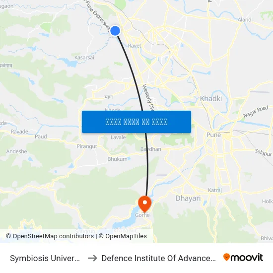 सिम्बायोसिस यूनिवर्सिटी गहुंजे to रक्षा उन्नत प्रौद्योगिकी संस्थान map