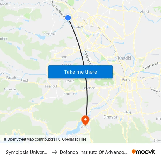 सिम्बायोसिस यूनिवर्सिटी गहुंजे to रक्षा उन्नत प्रौद्योगिकी संस्थान map