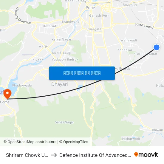 श्रीराम चौक उद्योगनगर to रक्षा उन्नत प्रौद्योगिकी संस्थान map