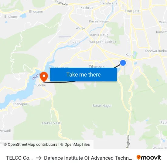 टेल्को कॉलोनी to रक्षा उन्नत प्रौद्योगिकी संस्थान map