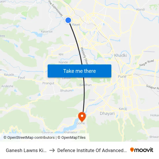 गणेश लॉन्स किवले रोड to रक्षा उन्नत प्रौद्योगिकी संस्थान map