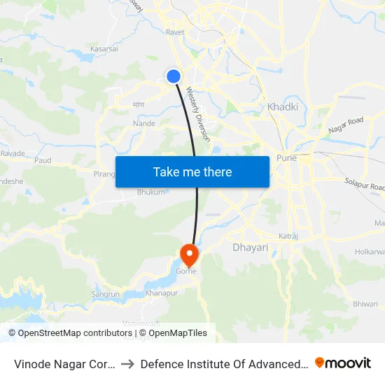 विनोद नगर कॉर्नर वाकड़ to रक्षा उन्नत प्रौद्योगिकी संस्थान map