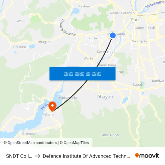 एसएनडीटी कॉलेज to रक्षा उन्नत प्रौद्योगिकी संस्थान map