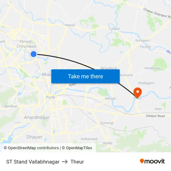 एसटी स्टैंड वल्लभनगर to थेउर map