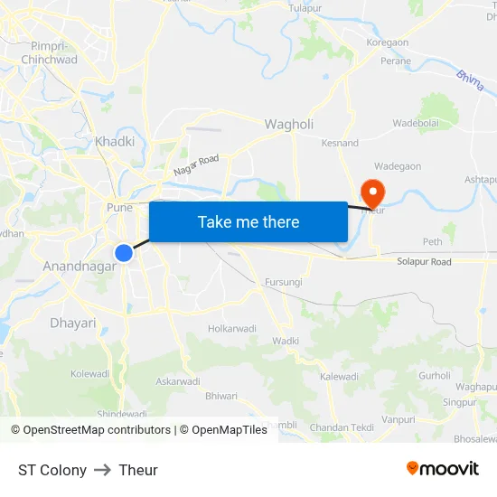 एस.टी कॉलनी to थेउर map
