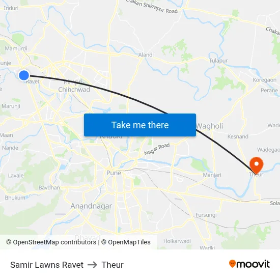 समीर लॉन्स रावेत to थेउर map