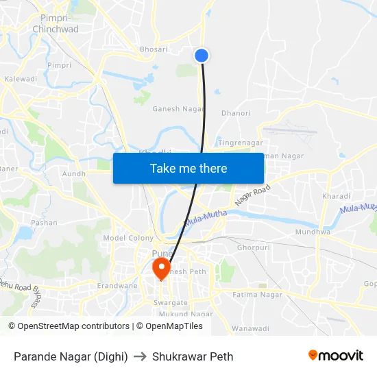 परांडे नगर (दिघी) to शुक्रवार पेठ map