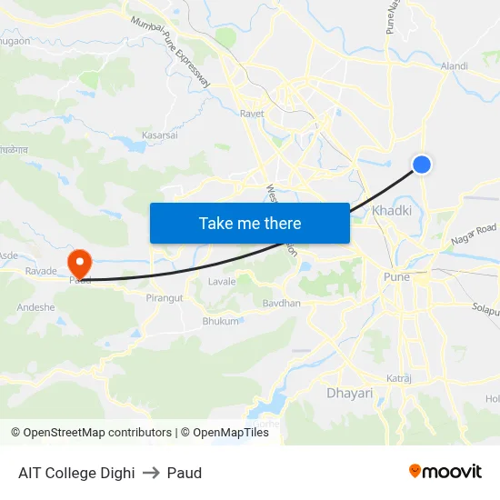 एआईटी कॉलेज दिघी to पौड map