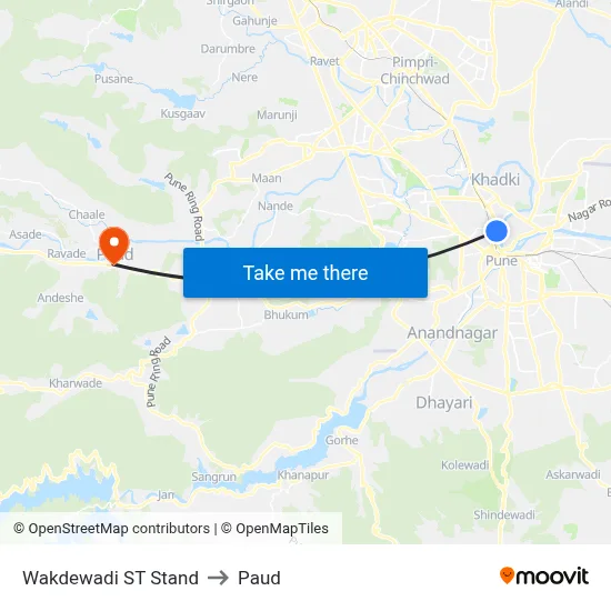 वाकडेवाड़ी एसटी स्टैंड to पौड map