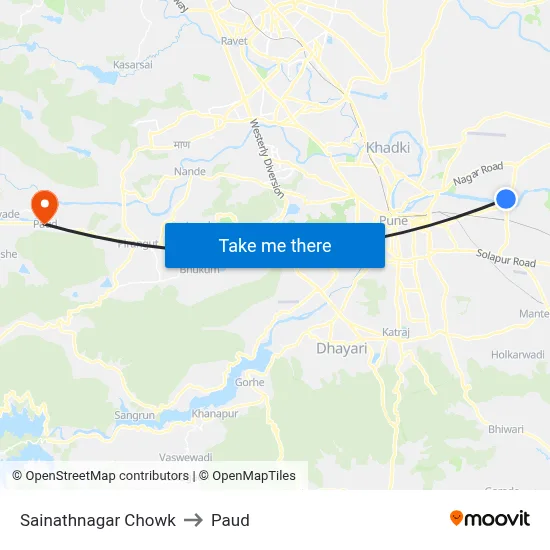 साईनाथनगर चौक to पौड map
