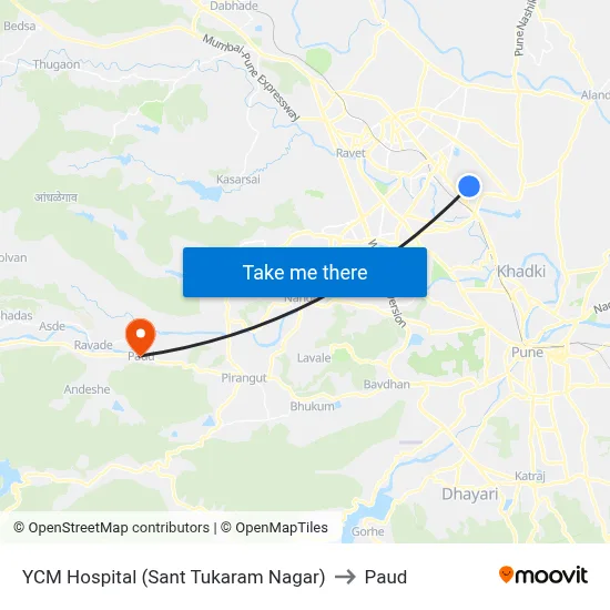 वाय.सी.एम हॉस्पिटल (संत तुकाराम नगर) to पौड map