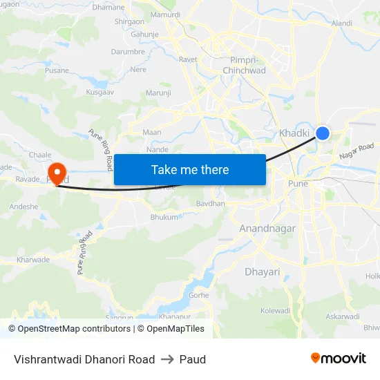 विश्रांतवाडी धानोरी रोड to पौड map