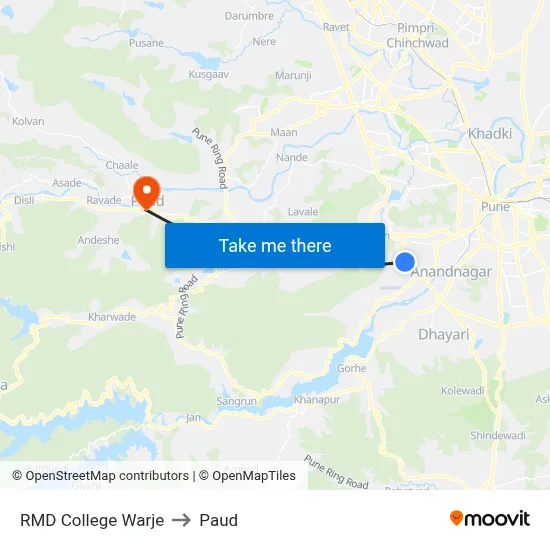 आरएमडी कॉलेज वारजे to पौड map