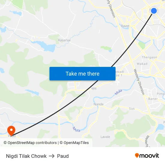 निगडी तिलक चौक to पौड map