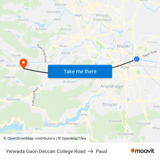 येरवाडा गाँव डेक्कन कॉलेज रोड to पौड map