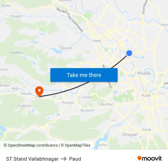 एसटी स्टैंड वल्लभनगर to पौड map