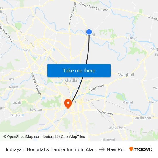Indrayani Hospital & Cancer Institute Alandi to Navi Peth map