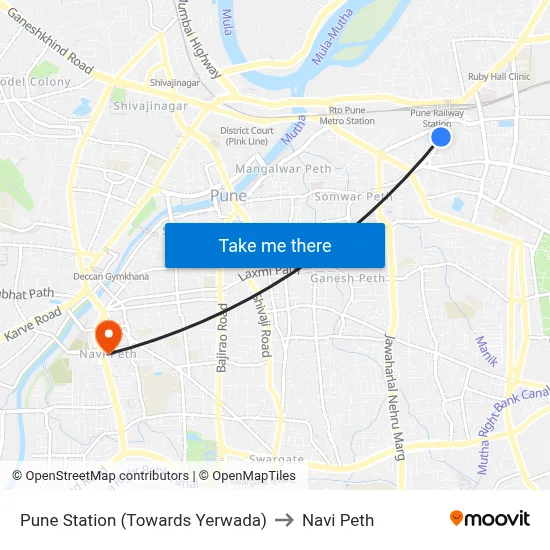 पुणे स्टेशन (येरवडा की ओर) to नवी पेठ map