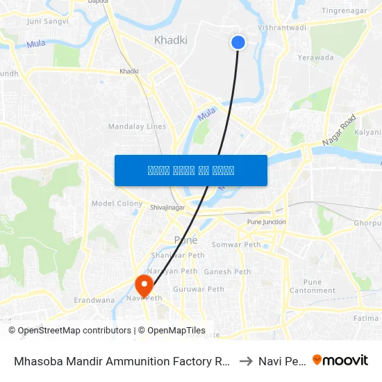 म्हसोबा मंदिर अम्युनिशन फैक्टरी रोड to नवी पेठ map