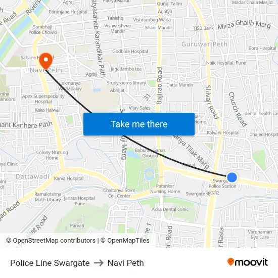 पुलिस लाइन स्वारगेट to नवी पेठ map