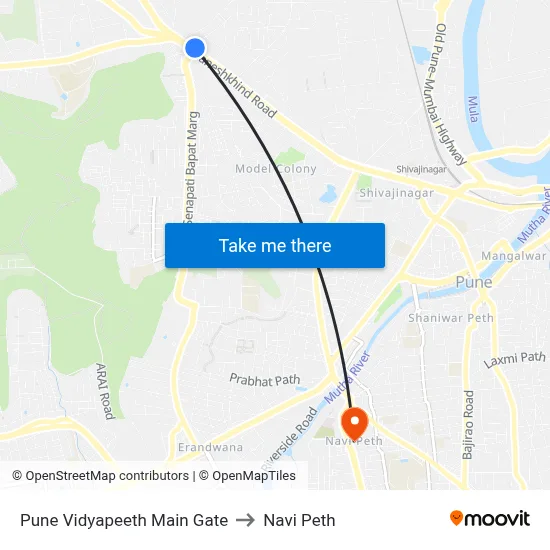 Pune Vidyapeeth Main Gate to Navi Peth map