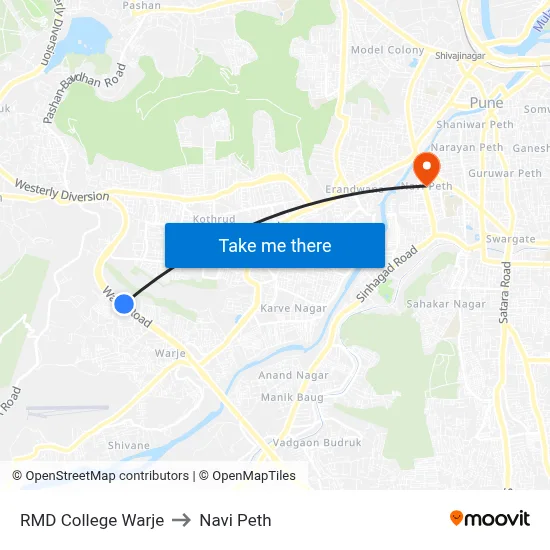 RMD College Warje to Navi Peth map