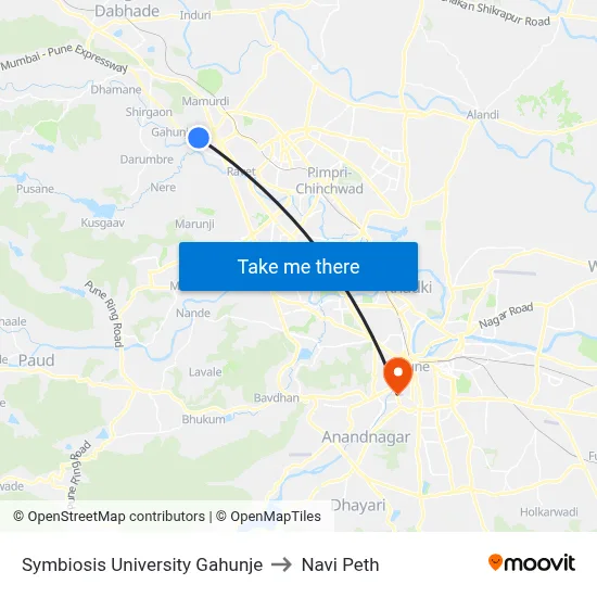 सिम्बायोसिस यूनिवर्सिटी गहुंजे to नवी पेठ map