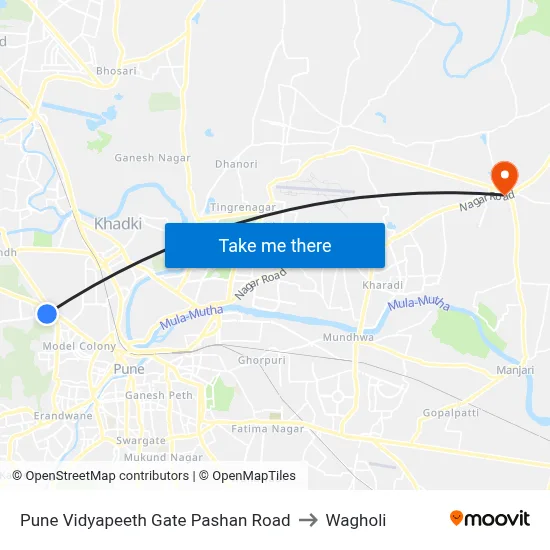 पुणे विद्यापीठ गेट पाषाण रोड to वाघोली map