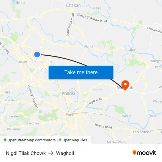 निगडी तिलक चौक to वाघोली map