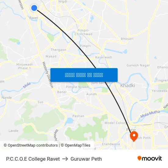 P.C.C.O.E College Ravet to Guruwar Peth map