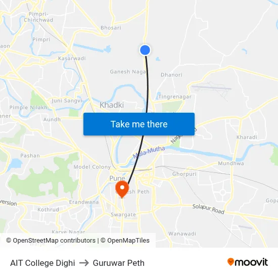 एआईटी कॉलेज दिघी to गुरुवार पेठ map
