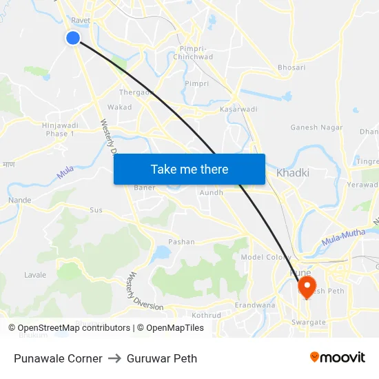 Punawale Corner to Guruwar Peth map