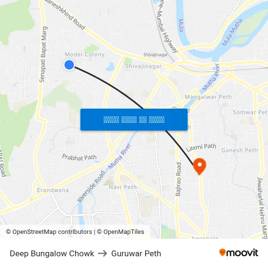 Deep Bungalow Chowk to Guruwar Peth map