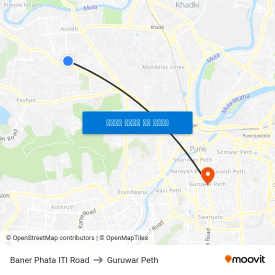 बाणेर फाटा आईटीआई रोड to गुरुवार पेठ map