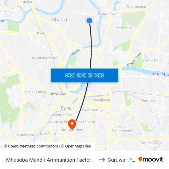 म्हसोबा मंदिर अम्युनिशन फैक्टरी रोड to गुरुवार पेठ map