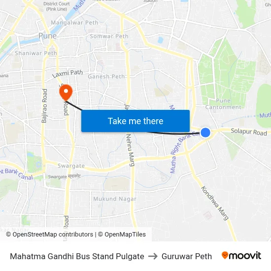 महात्मा गांधी बस स्टैंड पुलगेट to गुरुवार पेठ map
